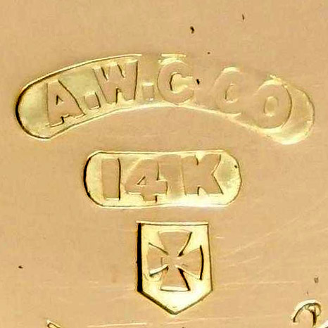 Watch Case Marking for American Watch Case Co. of Toronto, Ltd. AWCCo 14K: A.W.C.Co.
14 K
[Maltese Cross in Shield]