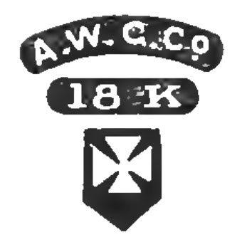 Watch Case Marking for American Watch Case Co. of Toronto, Ltd. AWCCo 18K: A.W.C.Co. [in Embossed Arched Banner] 
18 K [in Embossed Banner] 
[Maltese Cross in Shield]