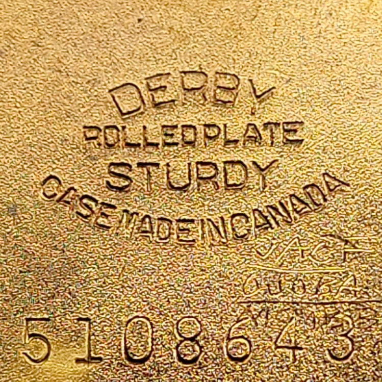 Watch Case Marking for American Watch Case Co. of Toronto, Ltd. Derby Sturdy: Derby
Rolled Plate
Sturdy
Case Made In Canada