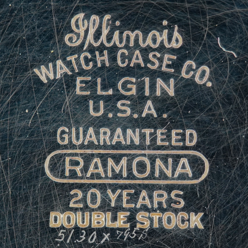 Watch Case Marking for Illinois Watch Case Co. Ramona Illinois Watch Case Co. Elgin U.S.A. Guaranteed Ramona 20 Years Double Stock
