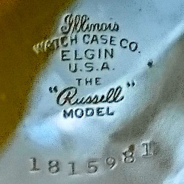 Watch Case Marking for Illinois Watch Case Co. The Russell Model: Illinois
Watch Case Co.
Elgin
U.S.A.
The
"Russell"
Model