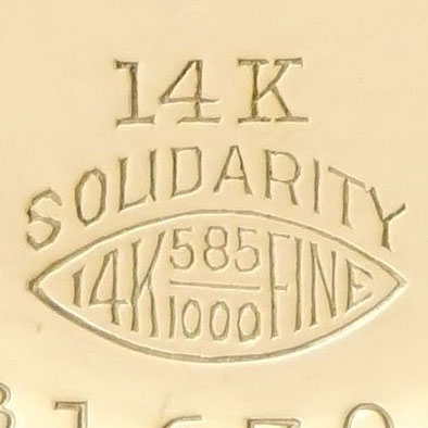 Watch Case Marking for Solidarity Watch Case Co. 14K 14K Solidarity 14K 585/1000Fine in Eye Globe World S Warranted 14K U.S. Assay 14 Karat Solidarity White Gold 14K