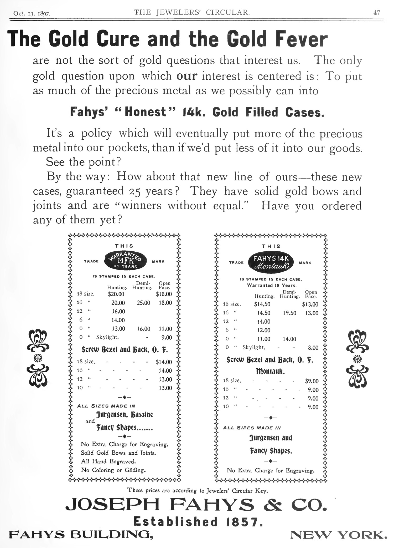 Fahys Honest 14K/25YR Ad