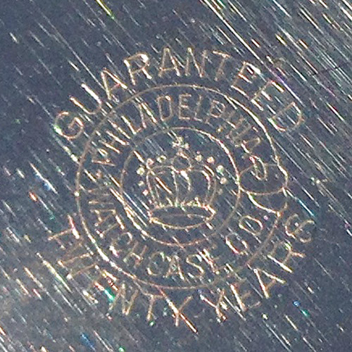 Philadelphia
Watch Case Co.
Guaranteed
Twenty Years
[Crown] (Philadelphia Watch Case Co.)